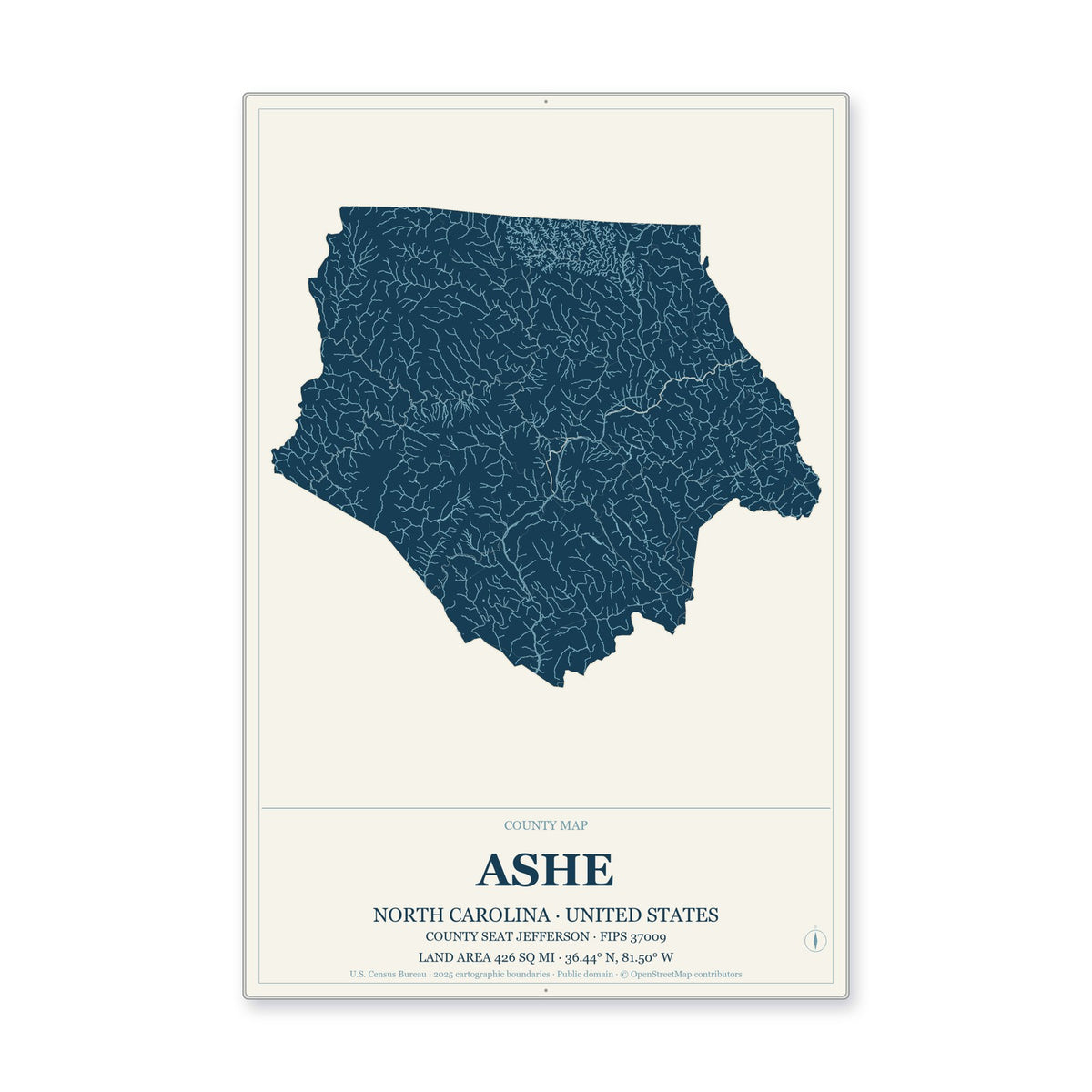 Ashe County, North Carolina Map Aluminum Sign in Coastal Cutout style