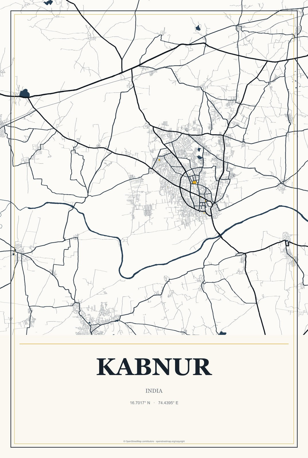 Kabnur, India City Map Aluminum Sign in Citrine Modern style
