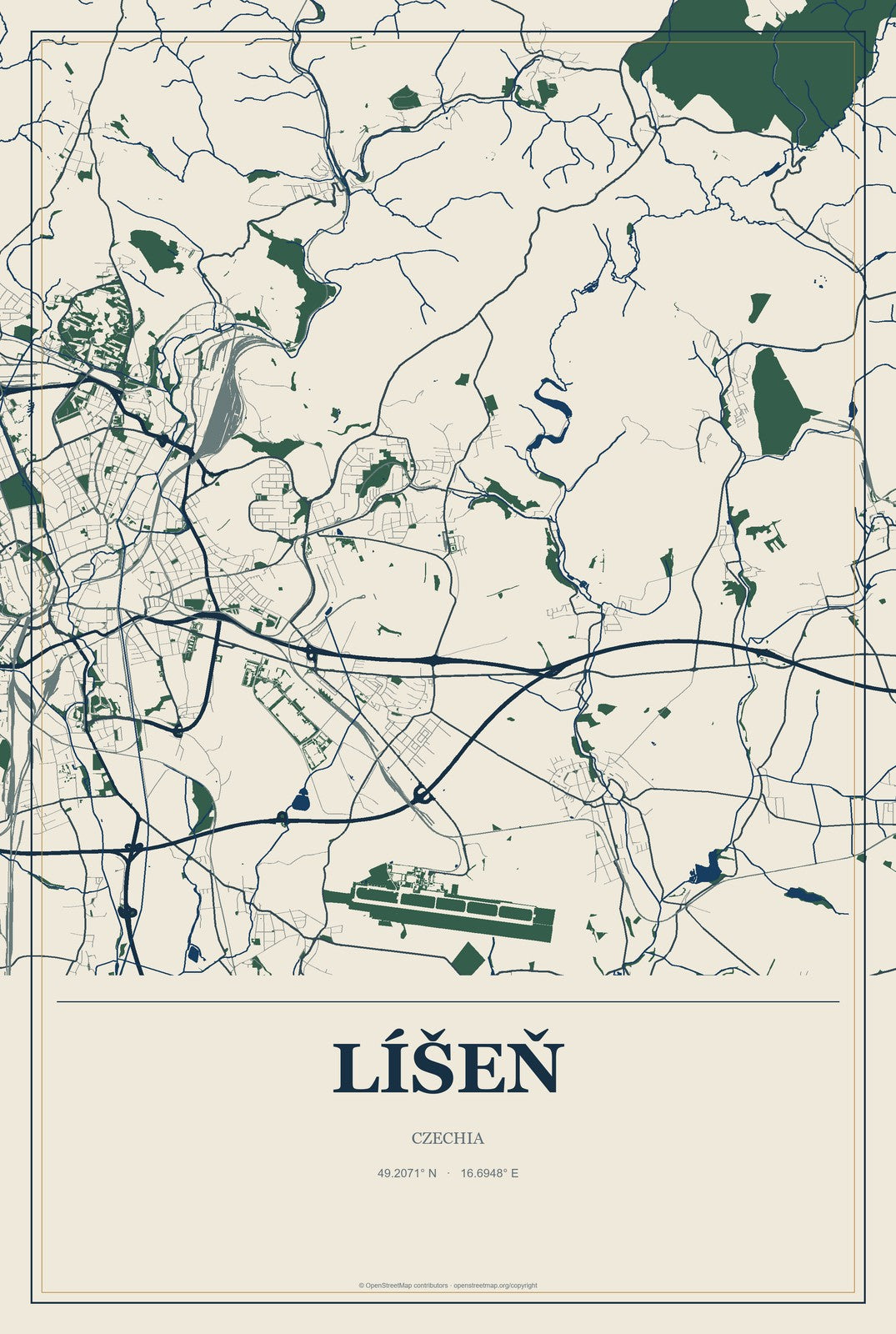 Líšeň, Czechia City Map Aluminum Sign in Coastal Cutout style