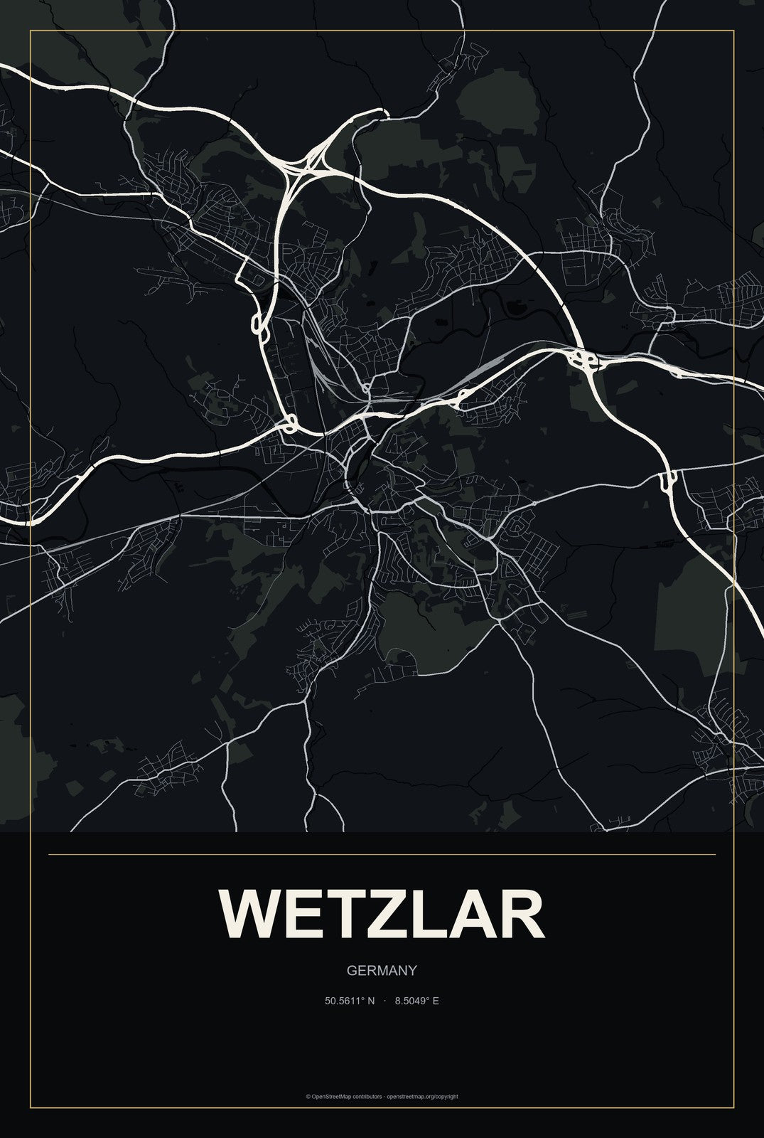 Wetzlar, Germany City Map Aluminum Sign in Metropolitan Noir style