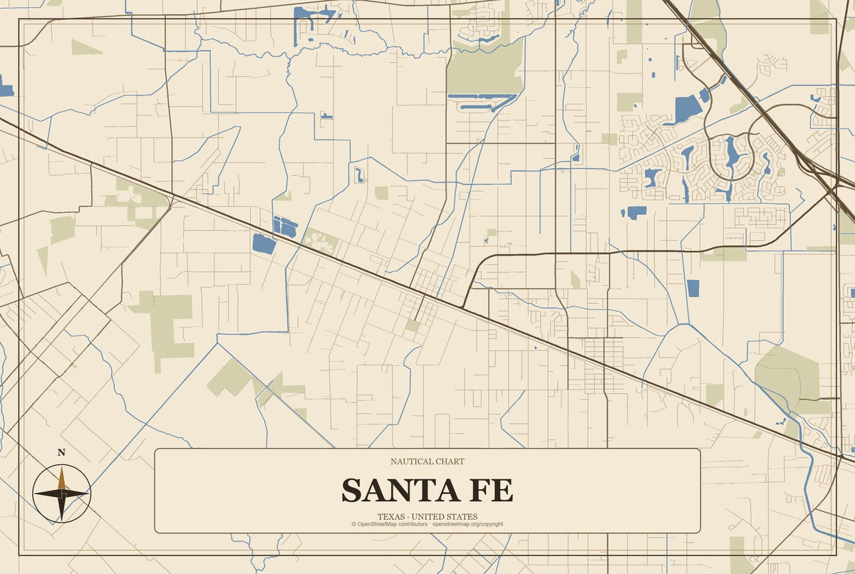 Santa Fe, Texas City Map Aluminum Sign in Heritage Nautical style
