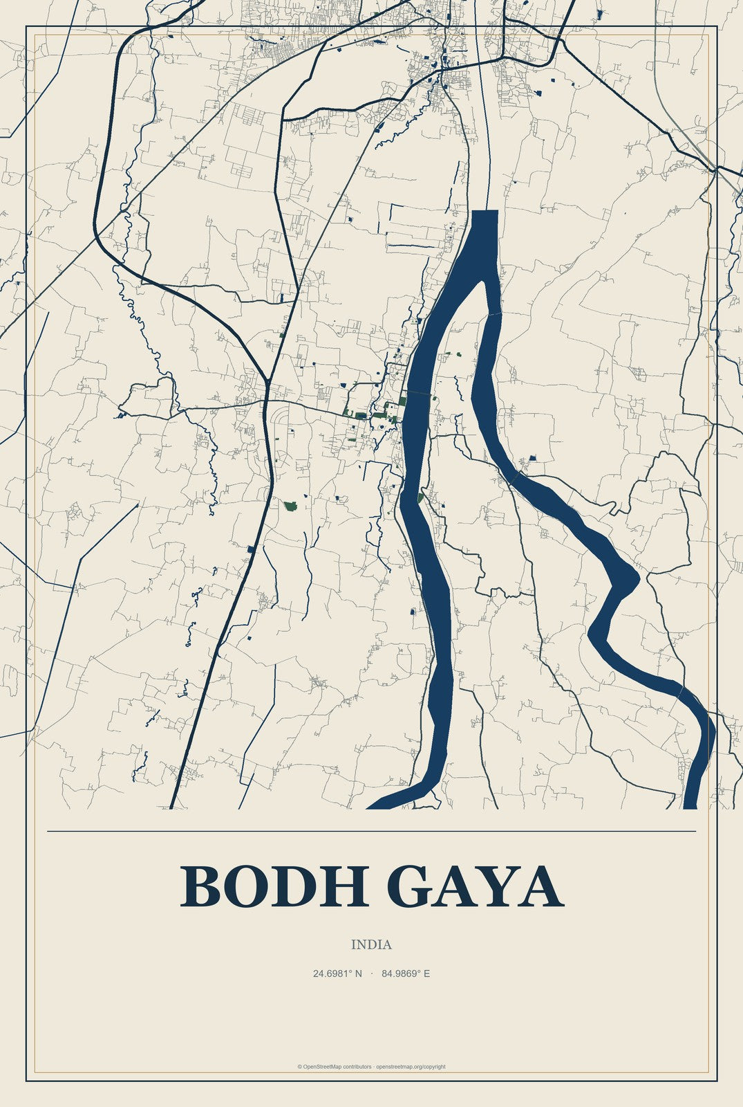 Bodh Gaya, India City Map Aluminum Sign in Coastal Cutout style