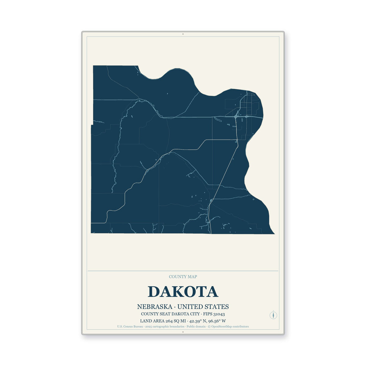 Dakota County, Nebraska Map Aluminum Sign in Coastal Cutout style
