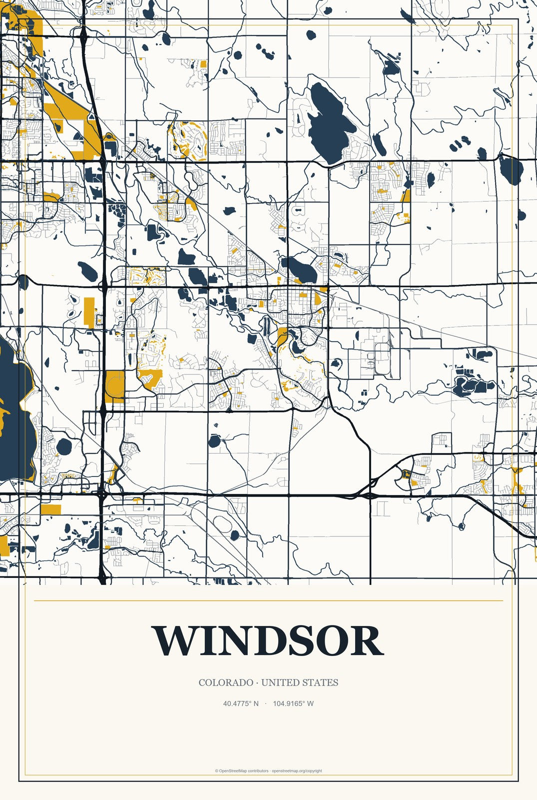 Windsor, Colorado City Map Aluminum Sign in Citrine Modern style