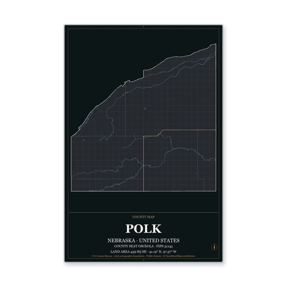 Polk County, Nebraska Map Aluminum Sign in Metropolitan Noir style
