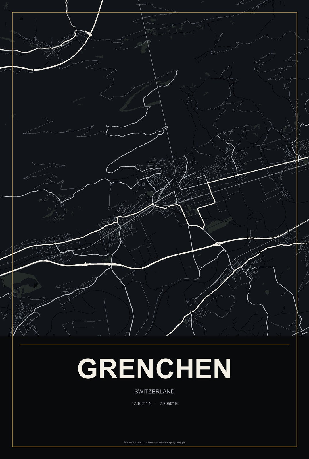Grenchen, Switzerland City Map Aluminum Sign in Metropolitan Noir style