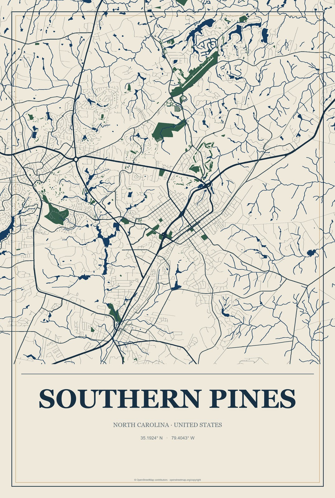 Southern Pines, North Carolina City Map Aluminum Sign in Coastal Cutout style
