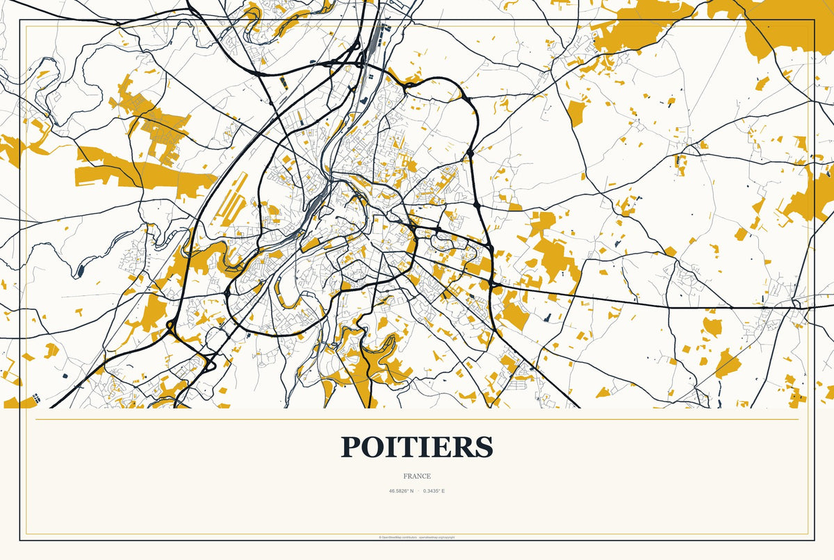 Poitiers, France City Map Aluminum Sign in Citrine Modern style