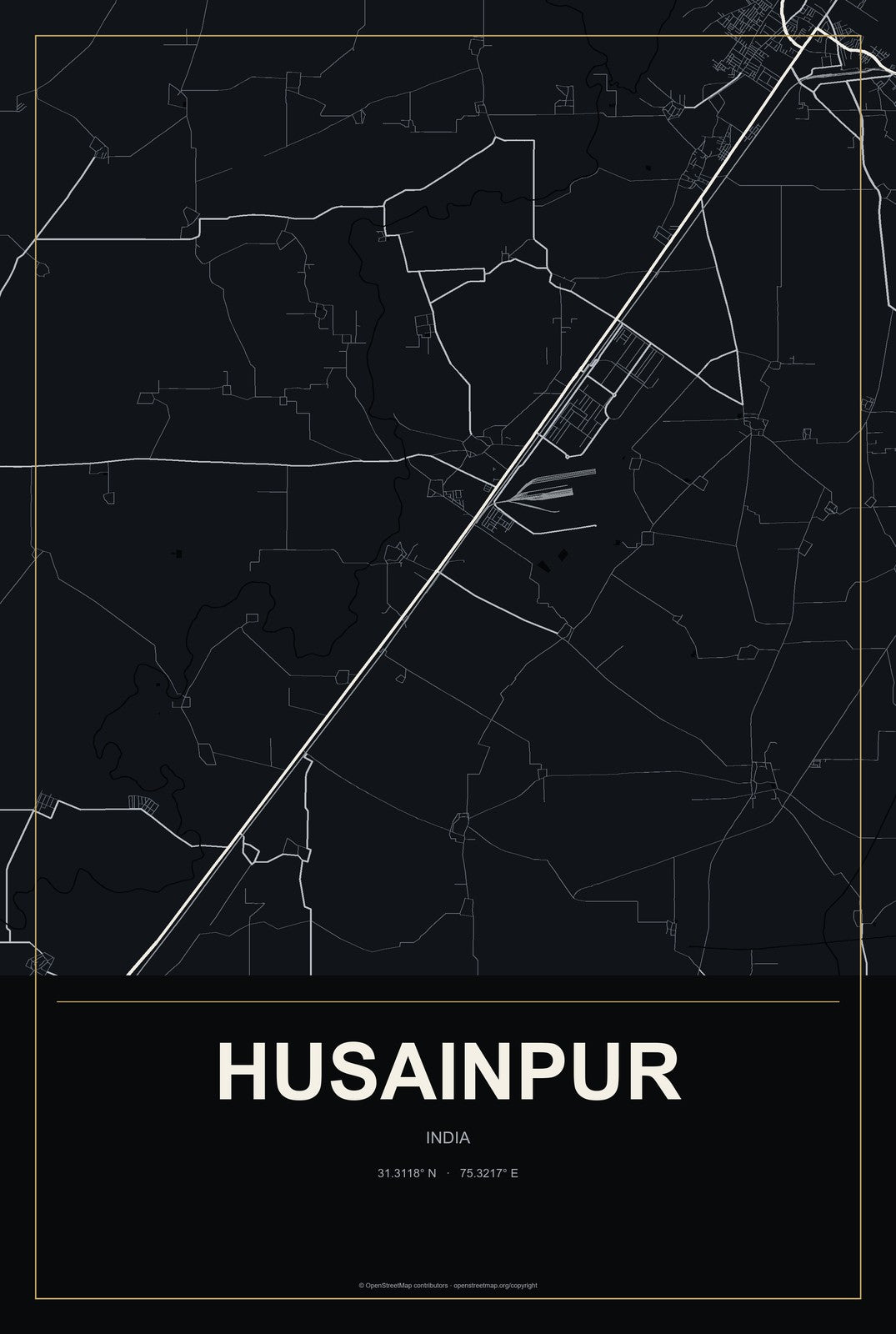 Husainpur, India City Map Aluminum Sign in Metropolitan Noir style