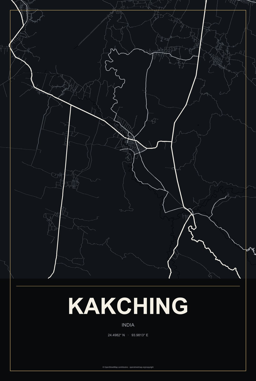 Kakching, India City Map Aluminum Sign in Metropolitan Noir style