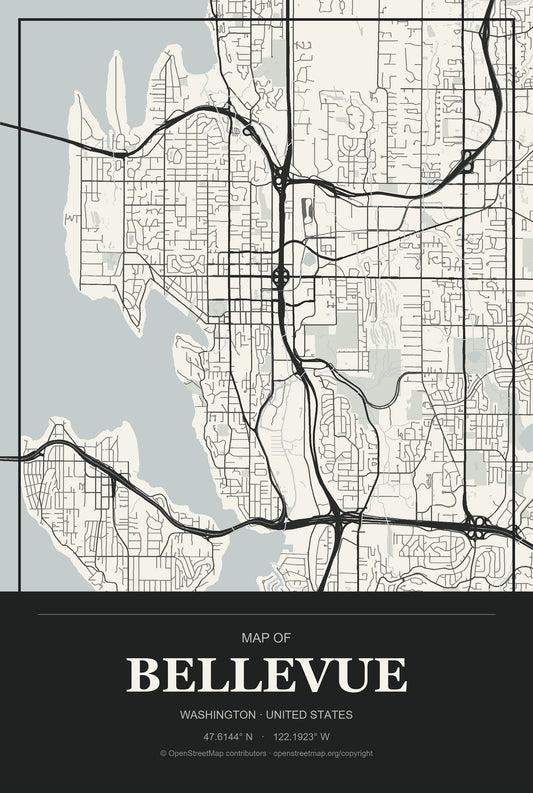 Bellevue, Washington City Map Aluminum Sign in Museum Plaque style