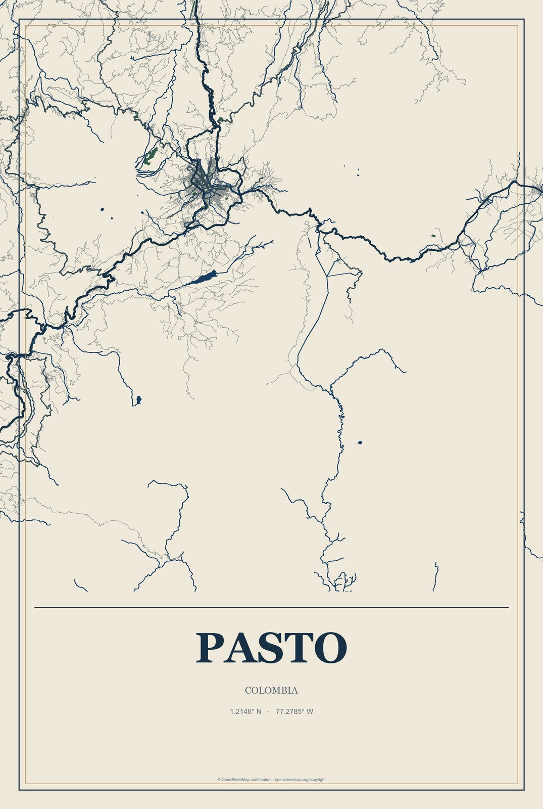 Pasto, Colombia City Map Aluminum Sign in Coastal Cutout style