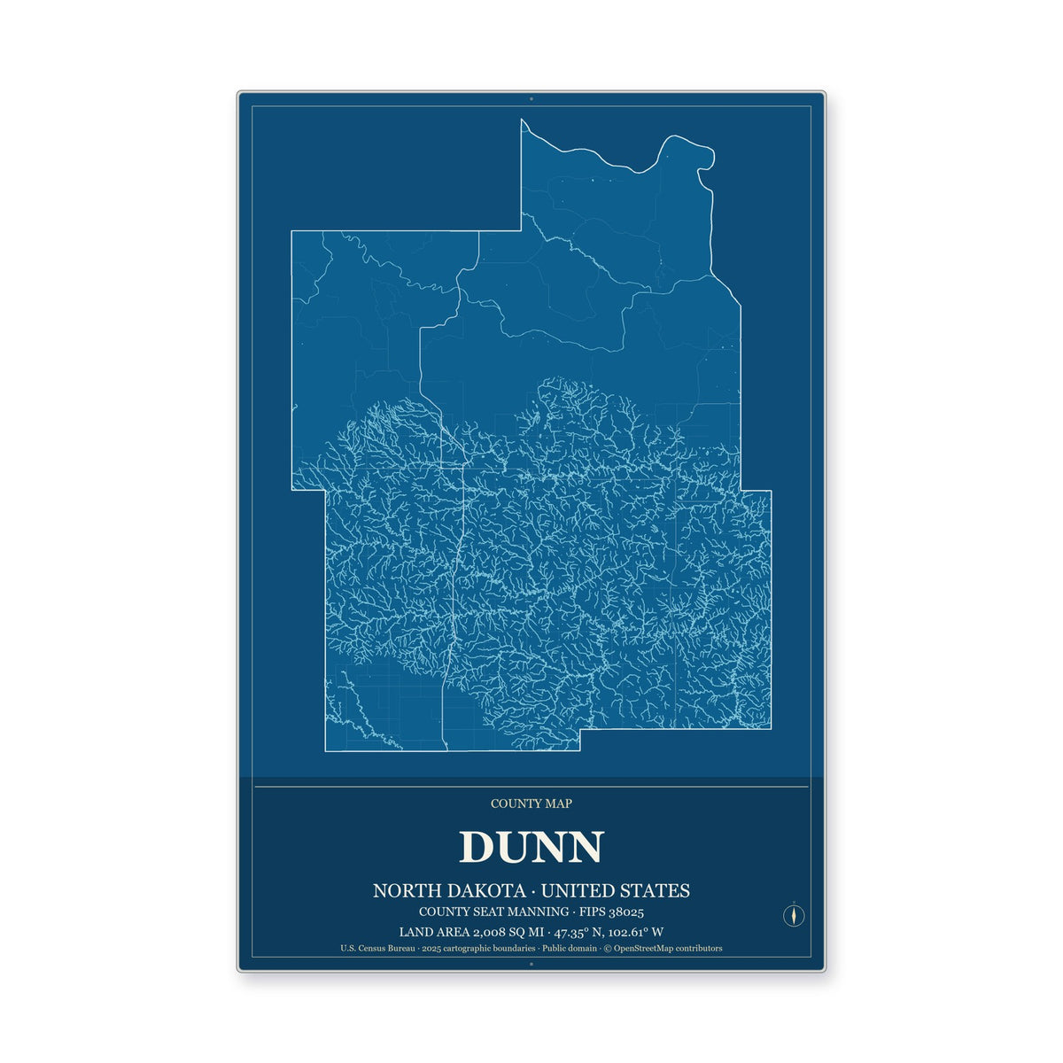 Dunn County, North Dakota Map Aluminum Sign in Harbor Cobalt style