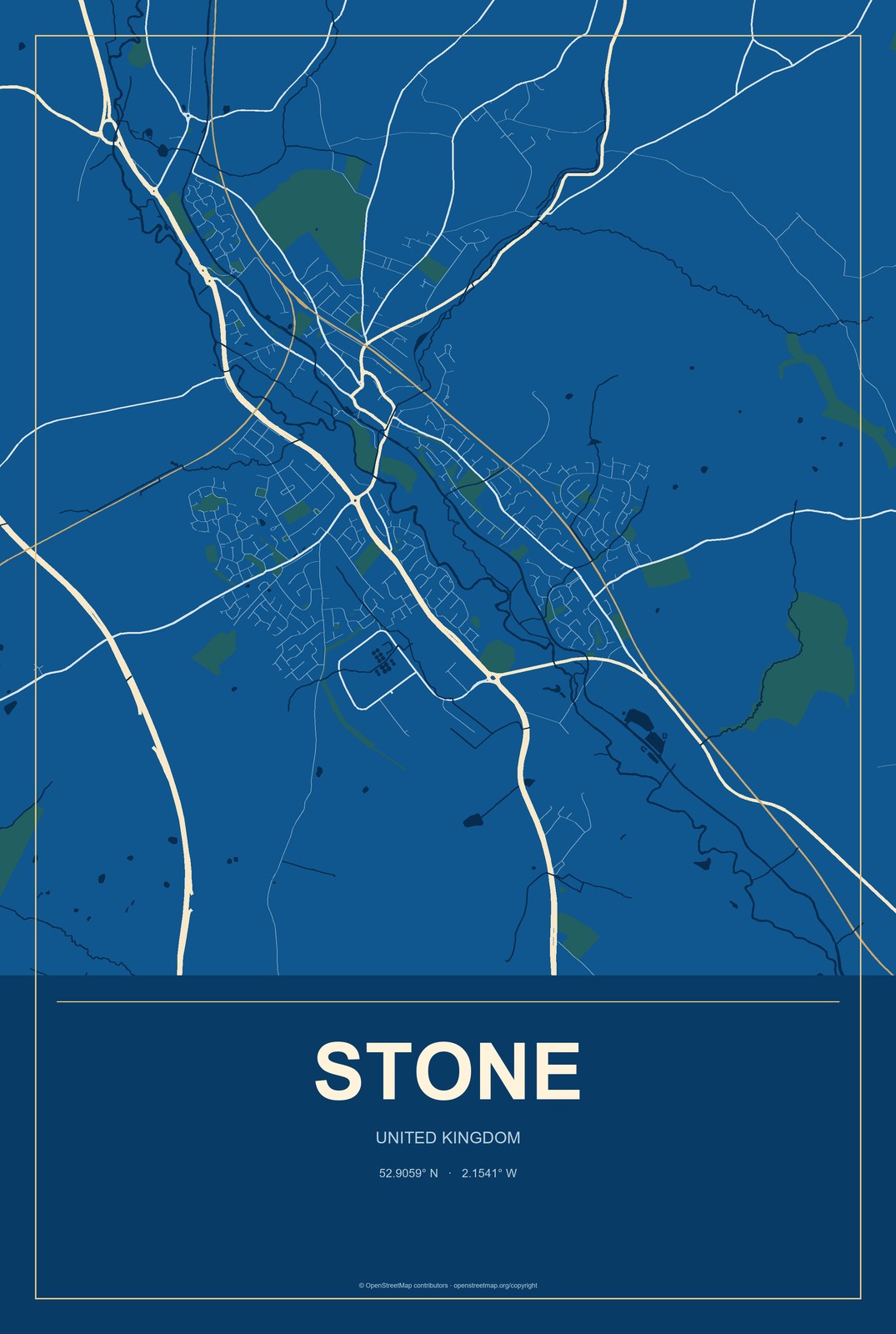 Stone, United Kingdom City Map Aluminum Sign in Harbor Cobalt style