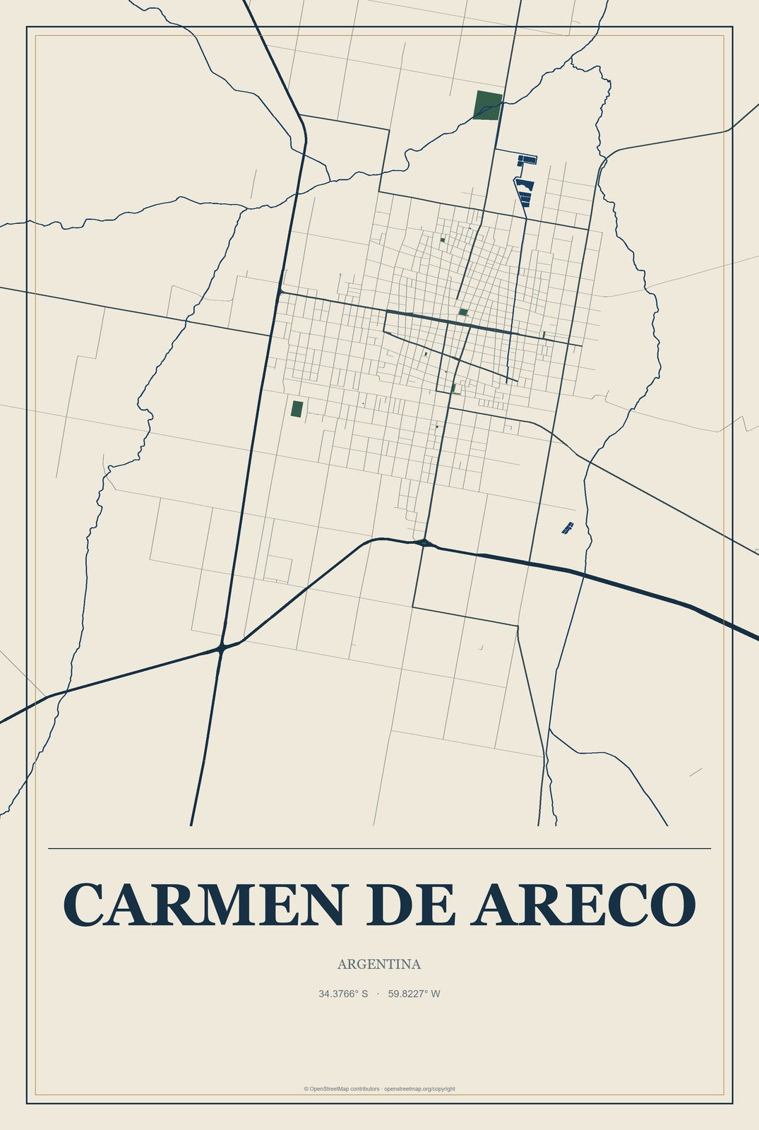 Carmen de Areco, Argentina City Map Aluminum Sign in Coastal Cutout style