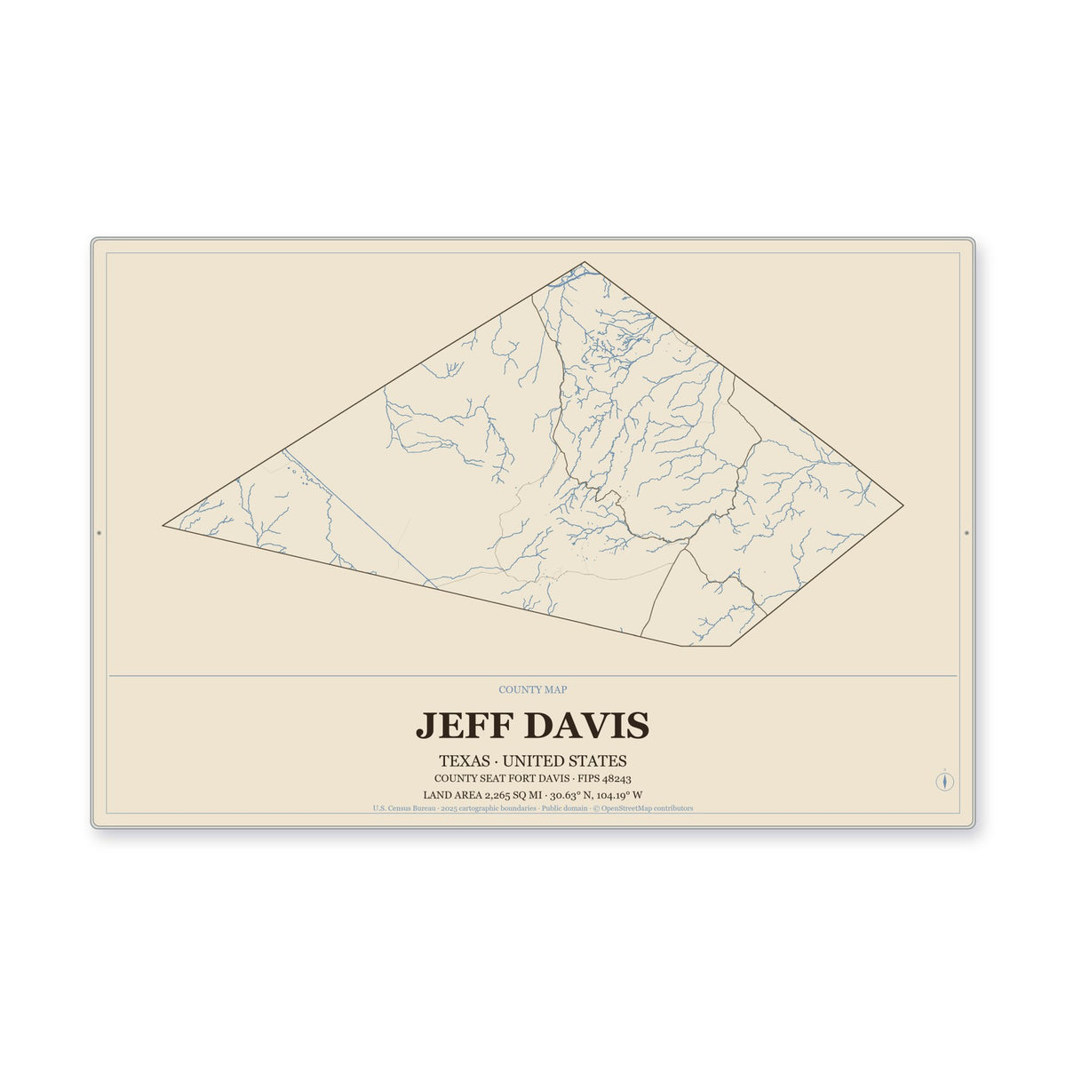 Jeff Davis County, Texas Map Aluminum Sign in Heritage Nautical style