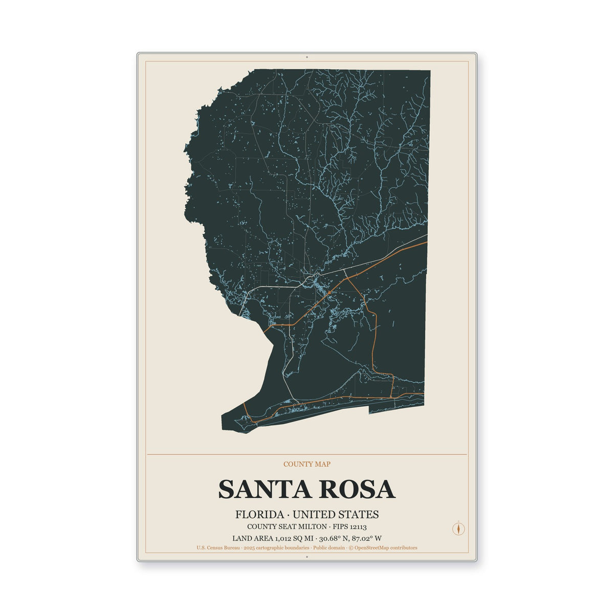 Santa Rosa County, Florida Map Aluminum Sign in Headline Atlas style