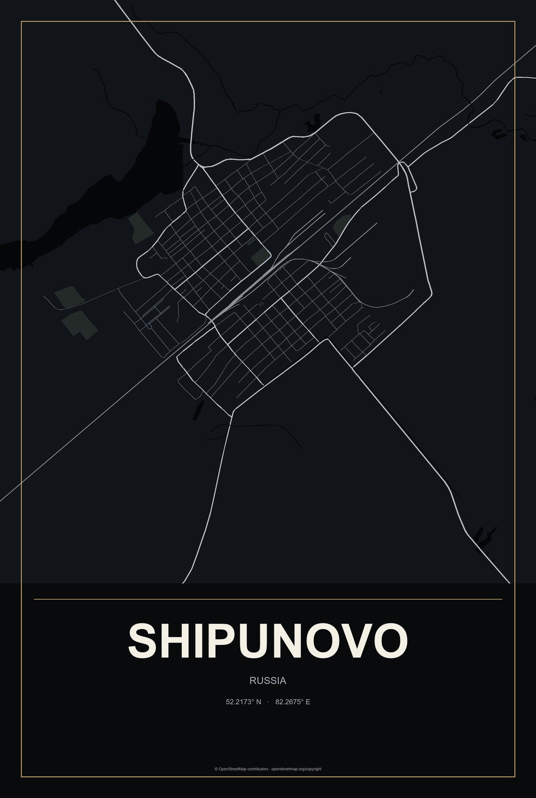 Shipunovo, Russia City Map Aluminum Sign in Metropolitan Noir style