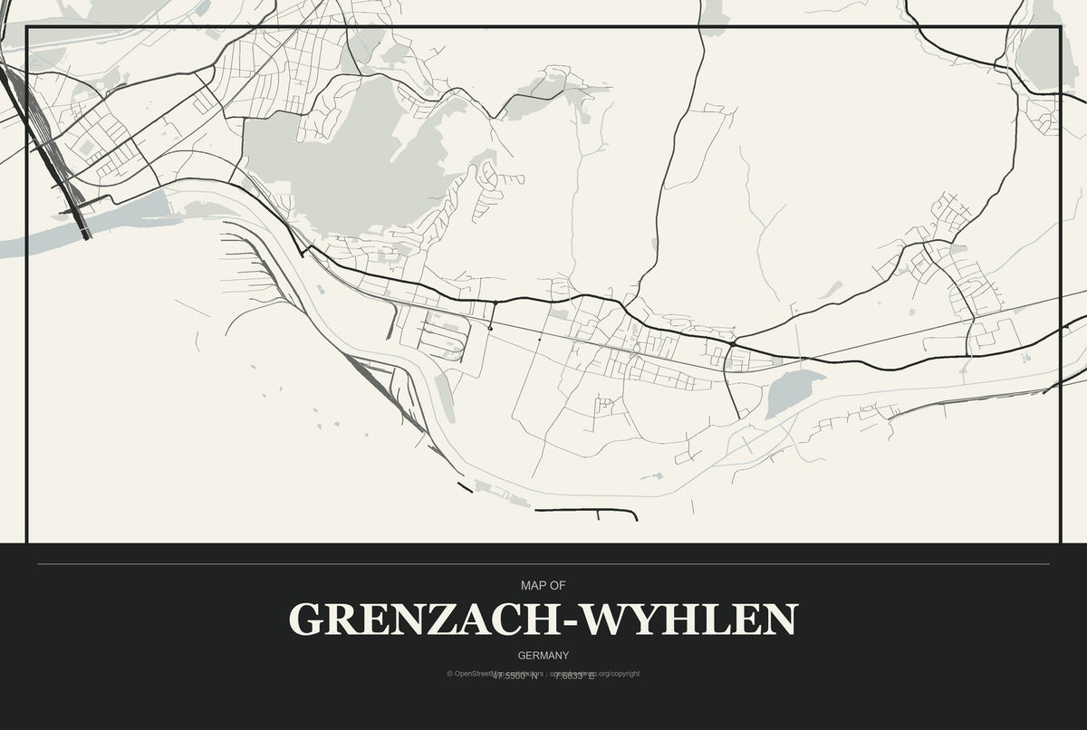 Grenzach-Wyhlen, Germany City Map Aluminum Sign in Museum Plaque style