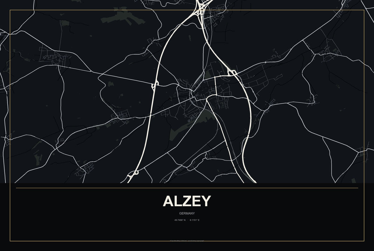 Alzey, Germany City Map Aluminum Sign in Metropolitan Noir style