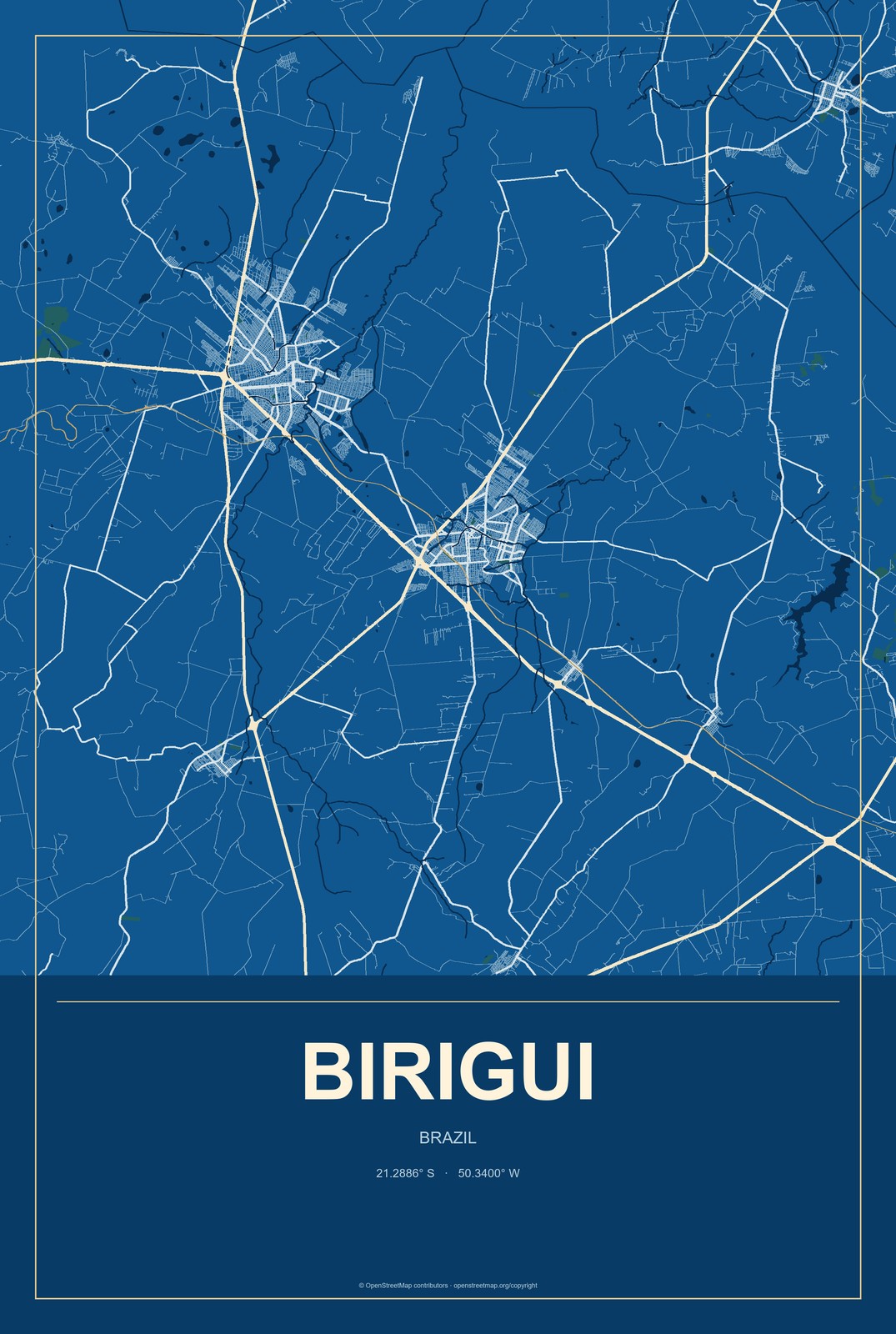 Birigui, Brazil City Map Aluminum Sign in Harbor Cobalt style