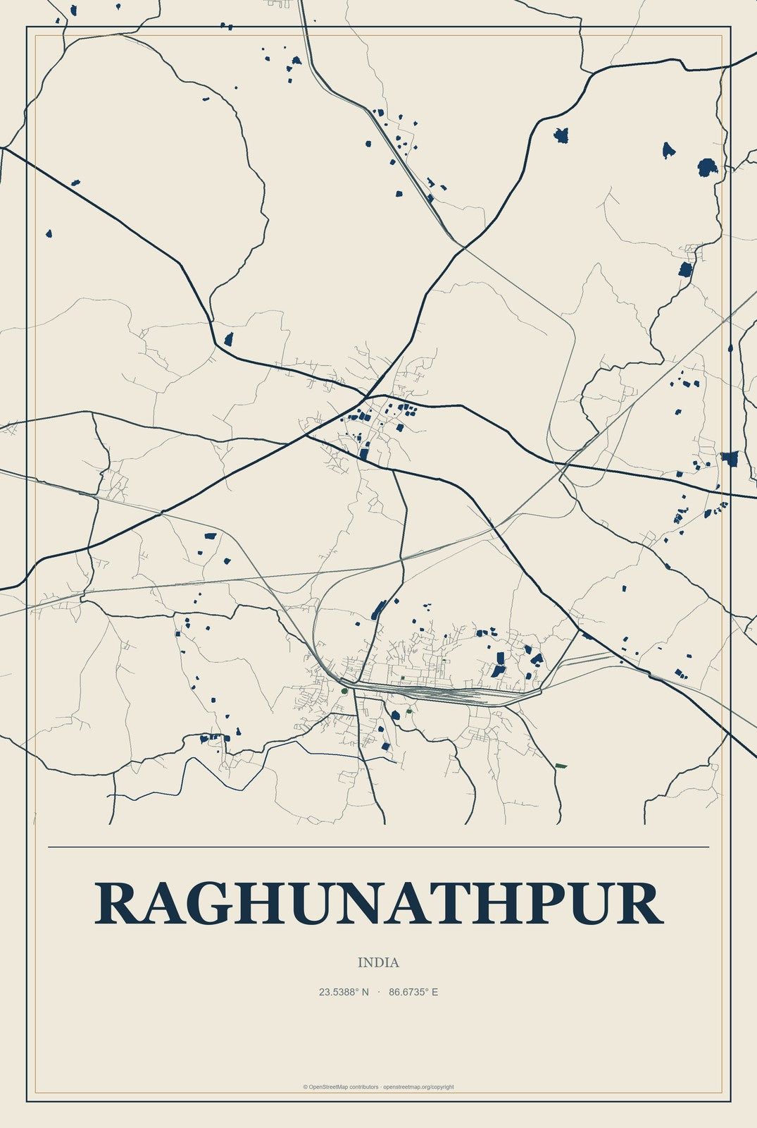 Raghunathpur, India City Map Aluminum Sign in Coastal Cutout style