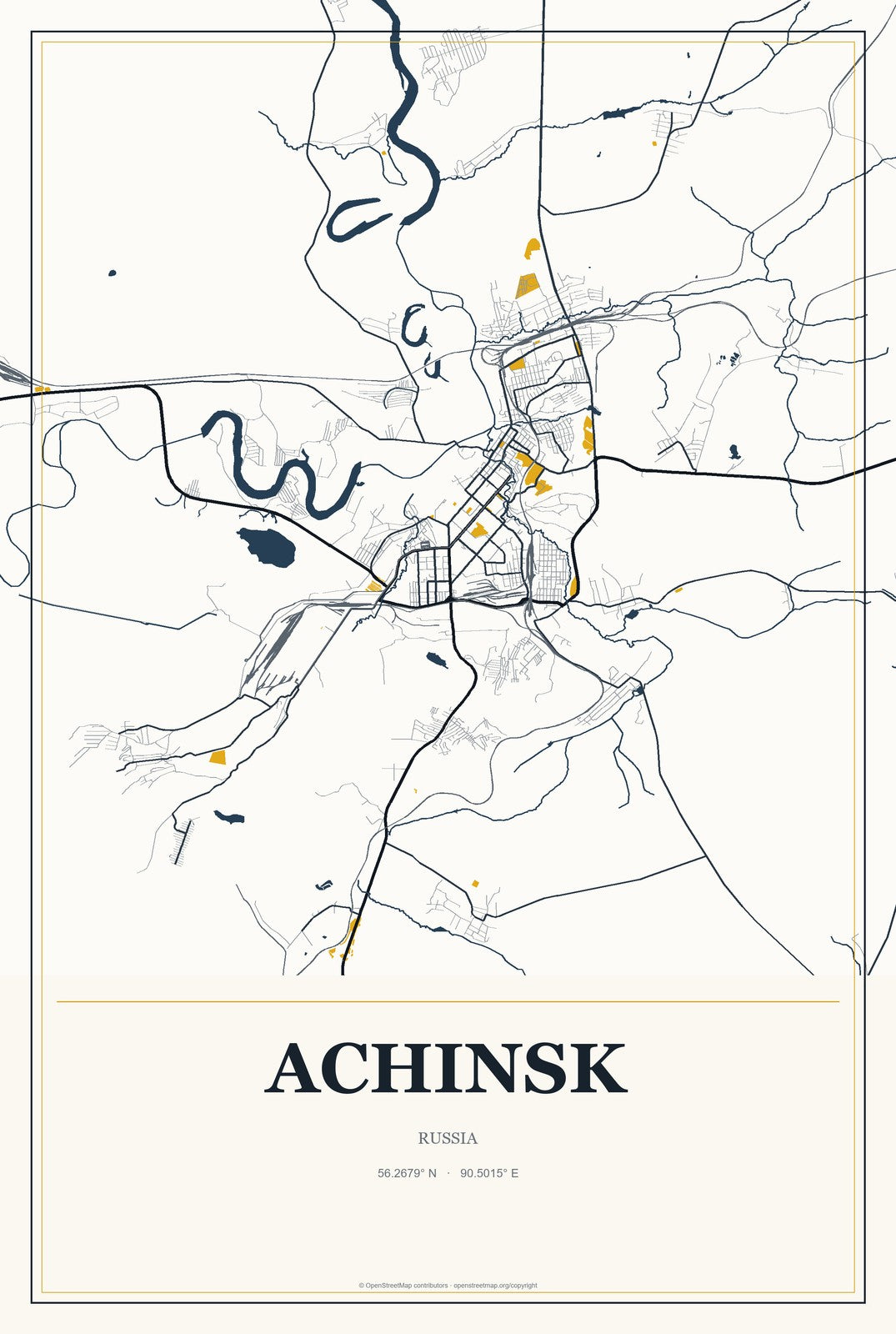Achinsk, Russia City Map Aluminum Sign in Citrine Modern style