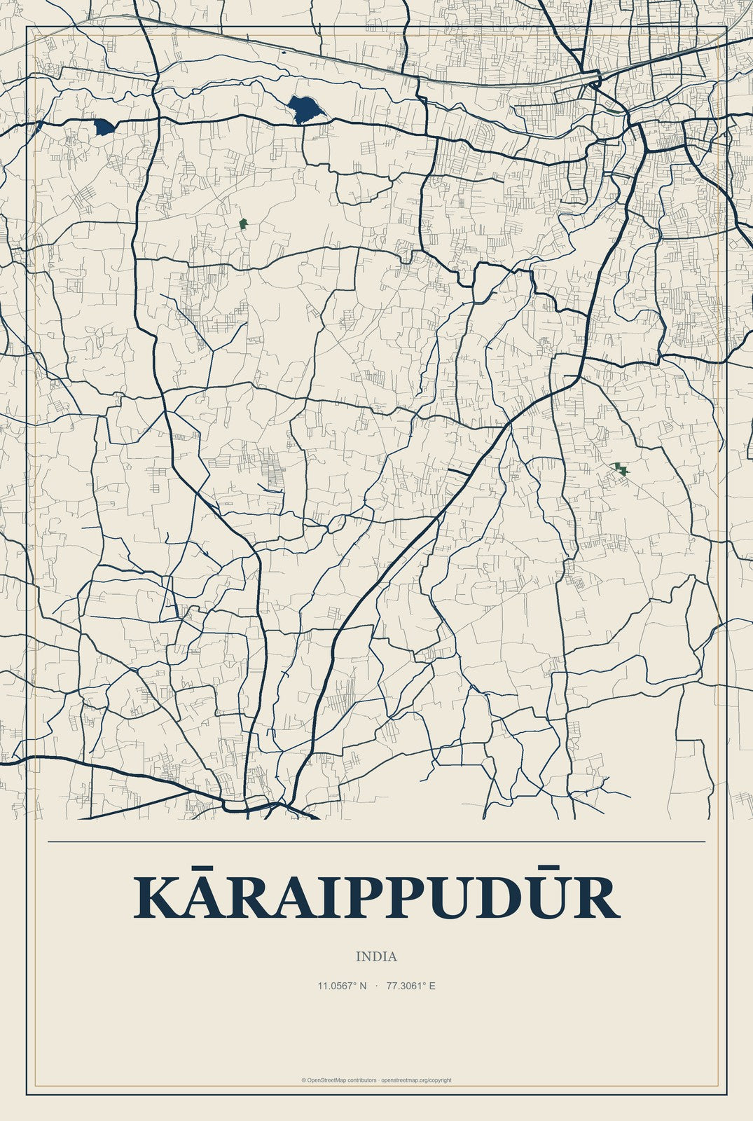 Kāraippudūr, India City Map Aluminum Sign in Coastal Cutout style