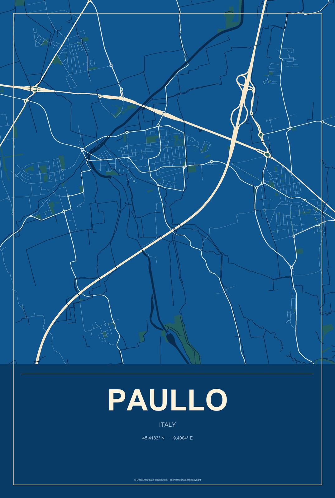 Paullo, Italy City Map Aluminum Sign in Harbor Cobalt style