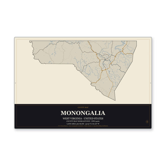 Monongalia County, West Virginia Map Aluminum Sign in Museum Plaque style
