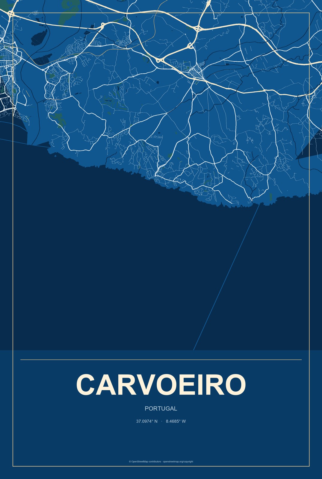 Carvoeiro, Portugal City Map Aluminum Sign in Harbor Cobalt style