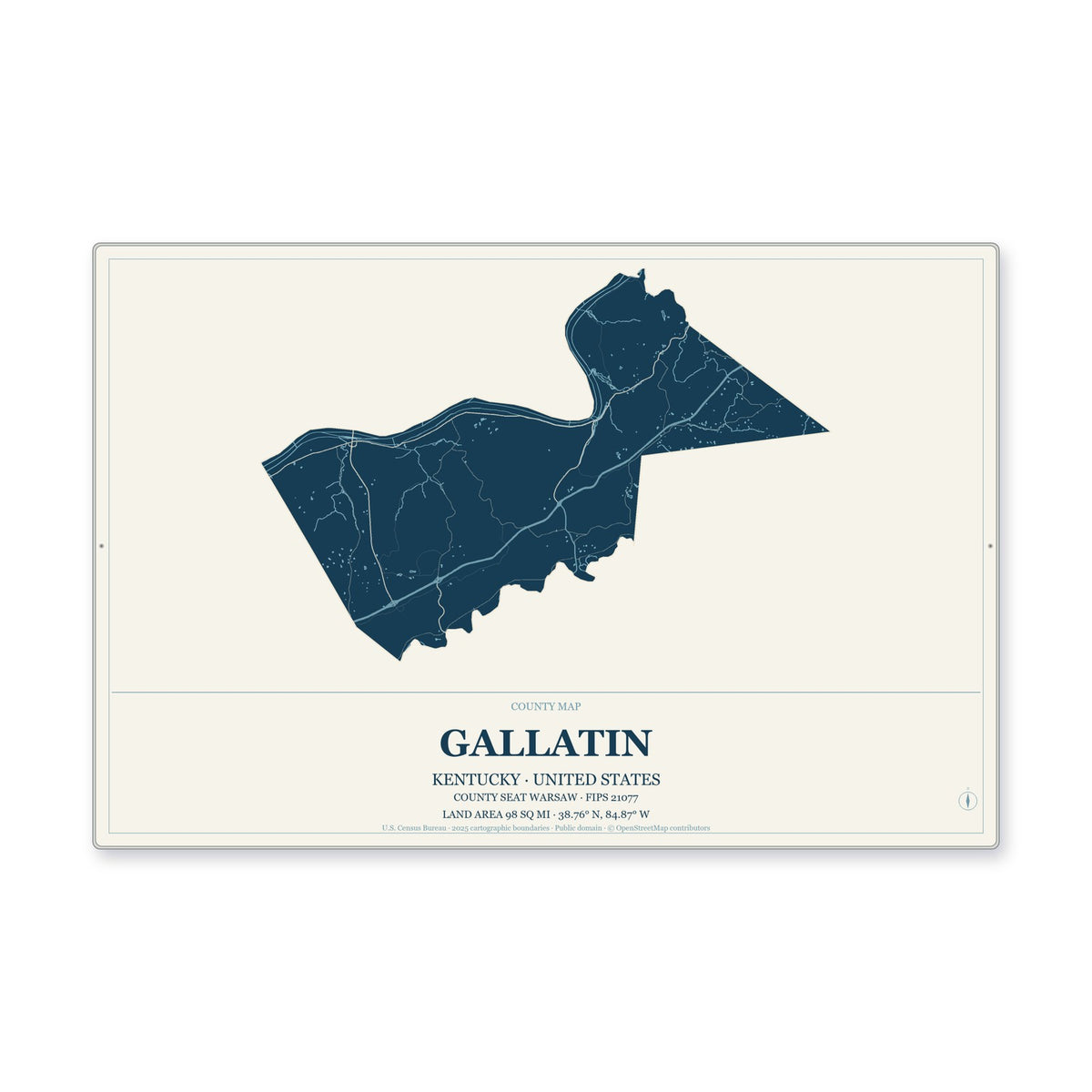 Gallatin County, Kentucky Map Aluminum Sign in Coastal Cutout style