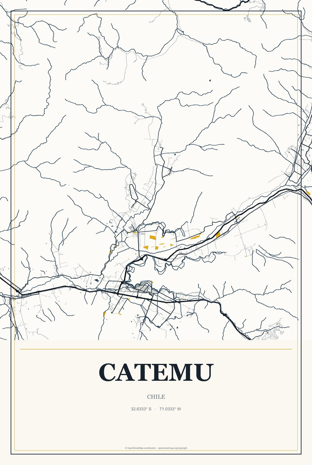 Catemu, Chile City Map Aluminum Sign in Citrine Modern style
