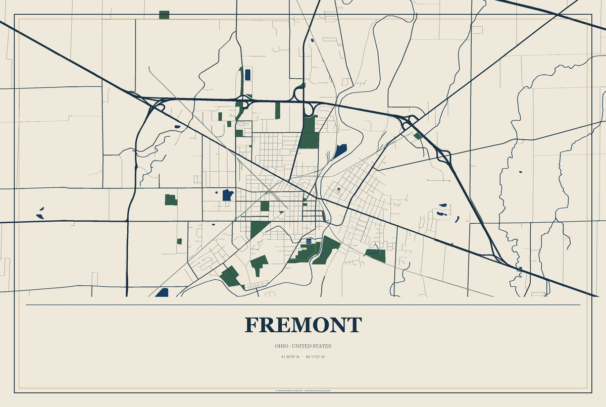 Fremont, Ohio City Map Aluminum Sign in Coastal Cutout style