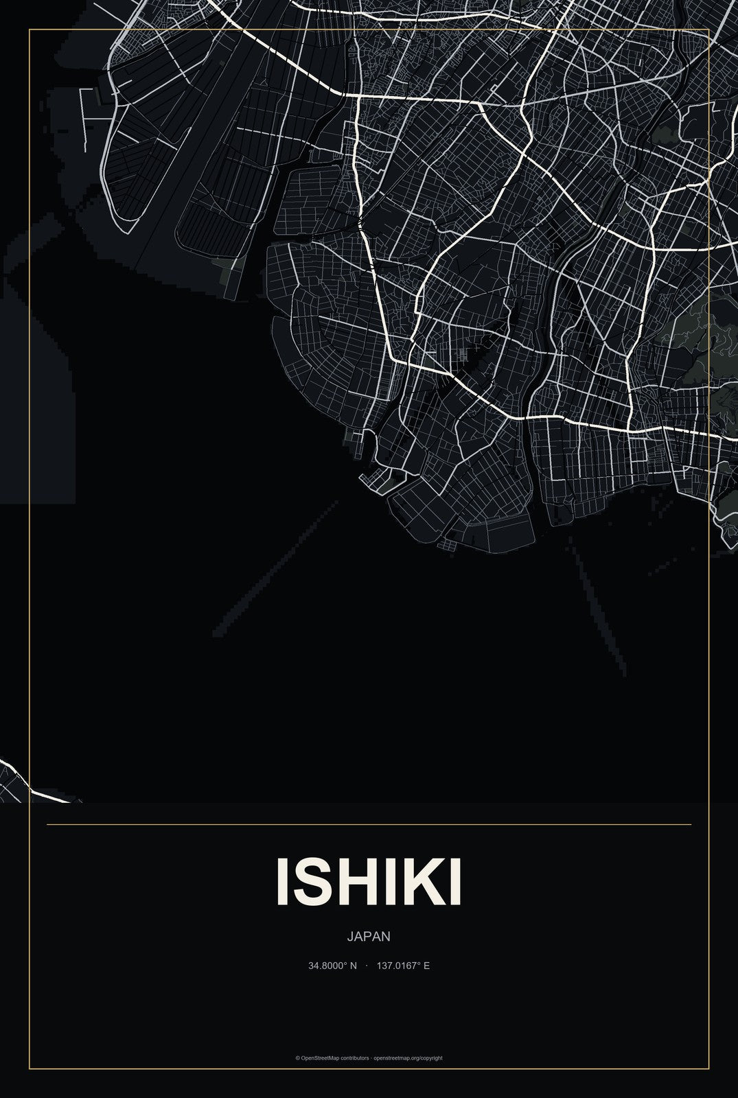 Ishiki, Japan City Map Aluminum Sign in Metropolitan Noir style
