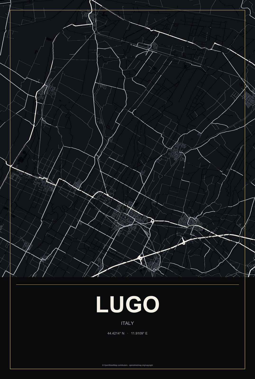 Lugo, Italy City Map Aluminum Sign in Metropolitan Noir style