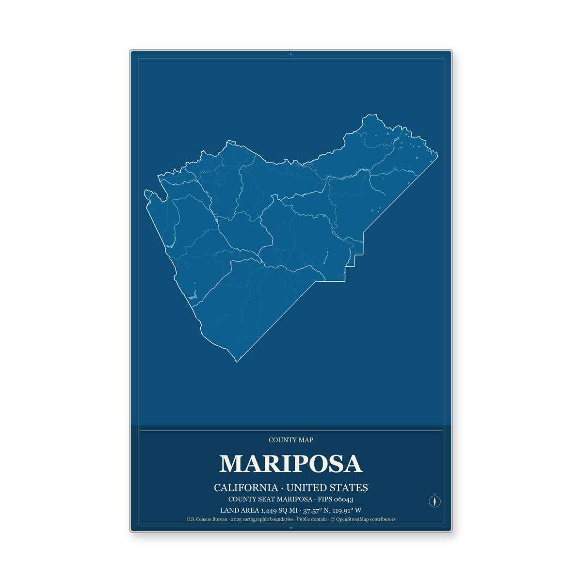 Mariposa County, California Map Aluminum Sign in Harbor Cobalt style