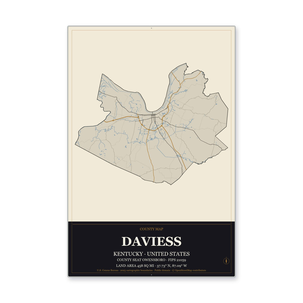 Daviess County, Kentucky Map Aluminum Sign in Museum Plaque style