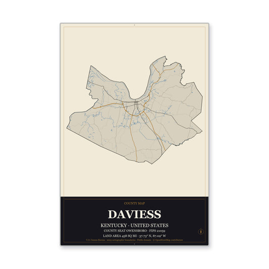 Daviess County, Kentucky Map Aluminum Sign in Museum Plaque style