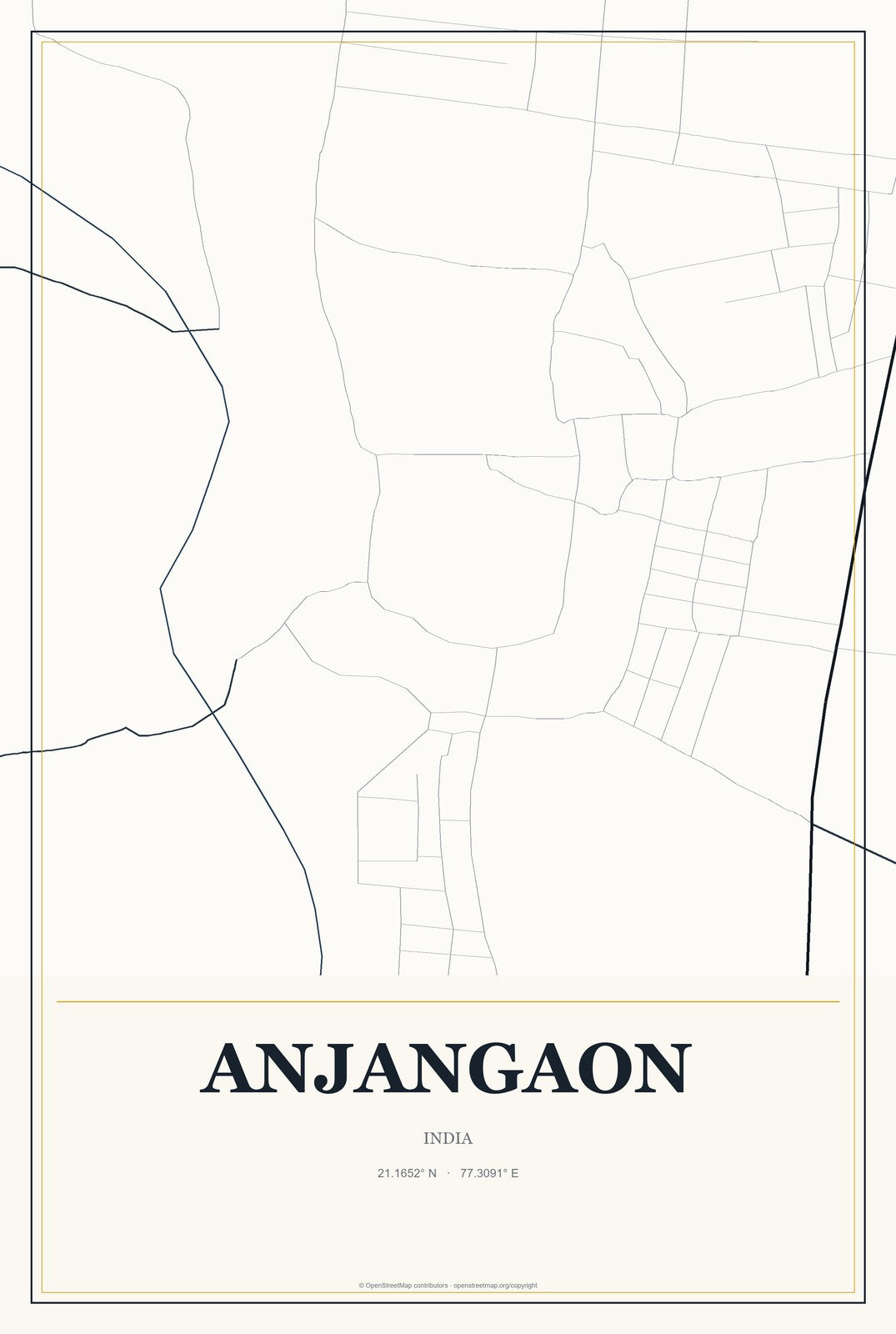 Anjangaon, India City Map Aluminum Sign in Citrine Modern style