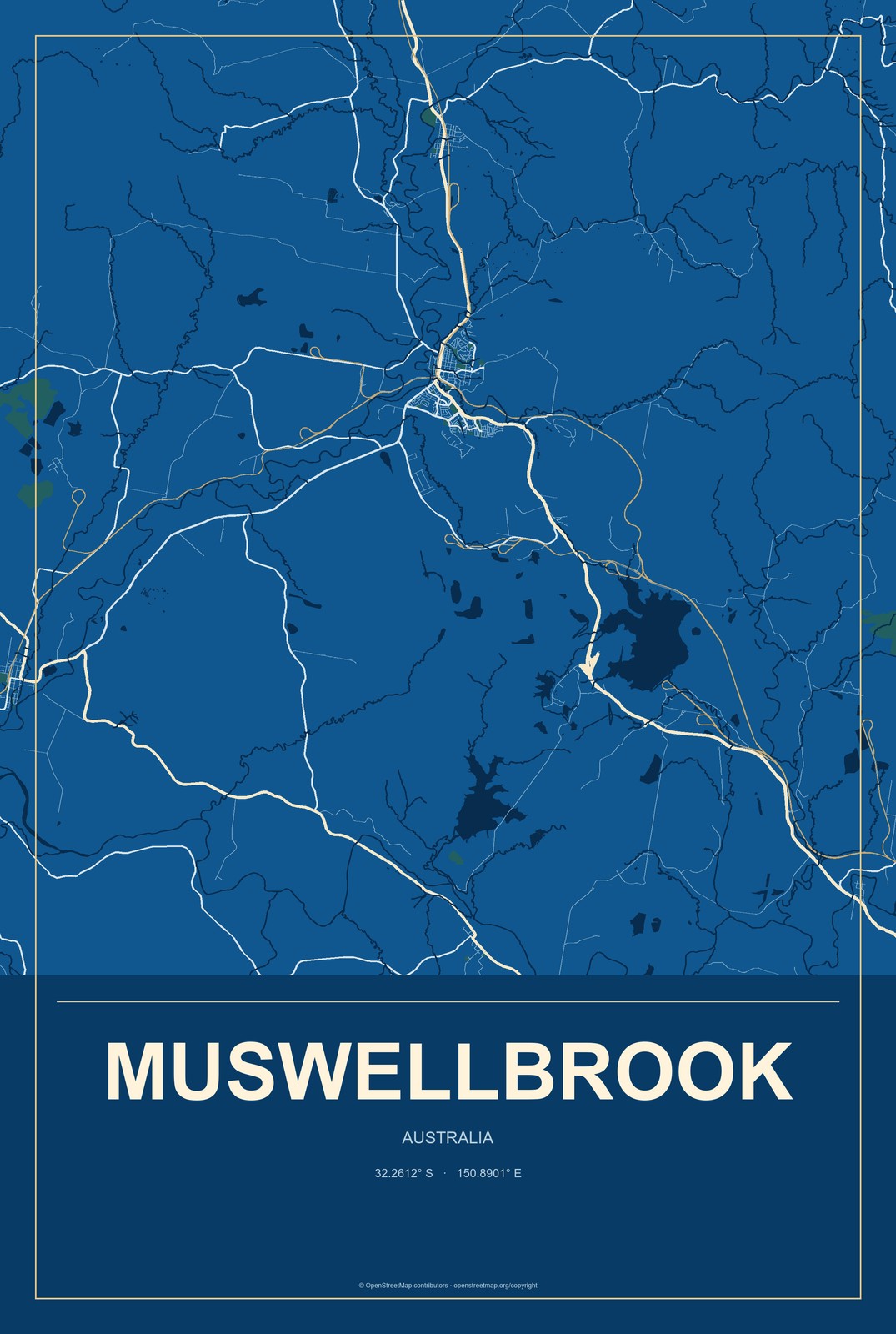 Muswellbrook, Australia City Map Aluminum Sign in Harbor Cobalt style