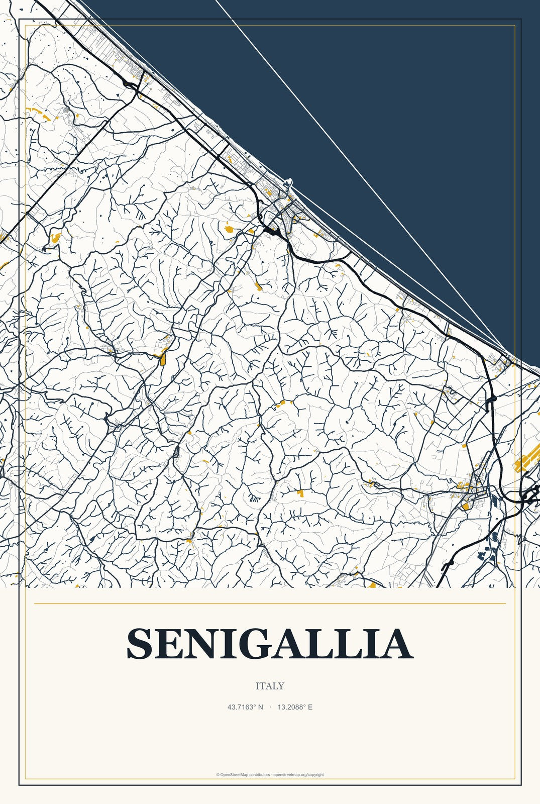 Senigallia, Italy City Map Aluminum Sign in Citrine Modern style