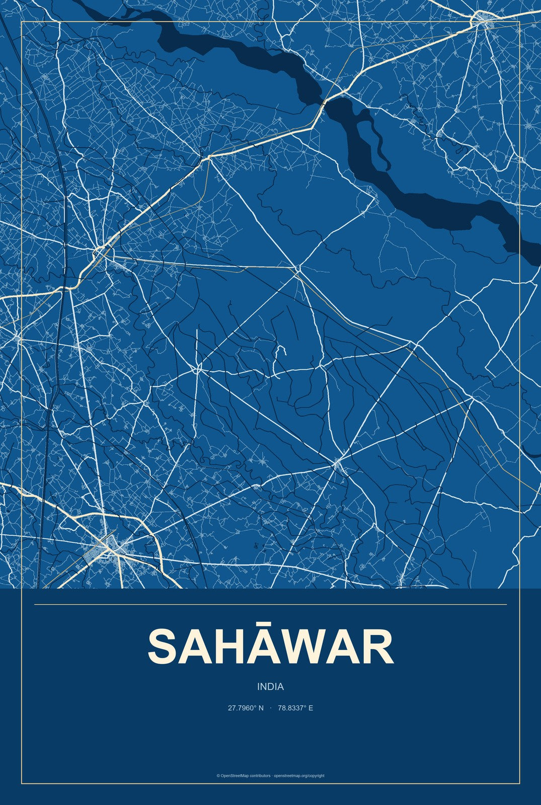 Sahāwar, India City Map Aluminum Sign in Harbor Cobalt style