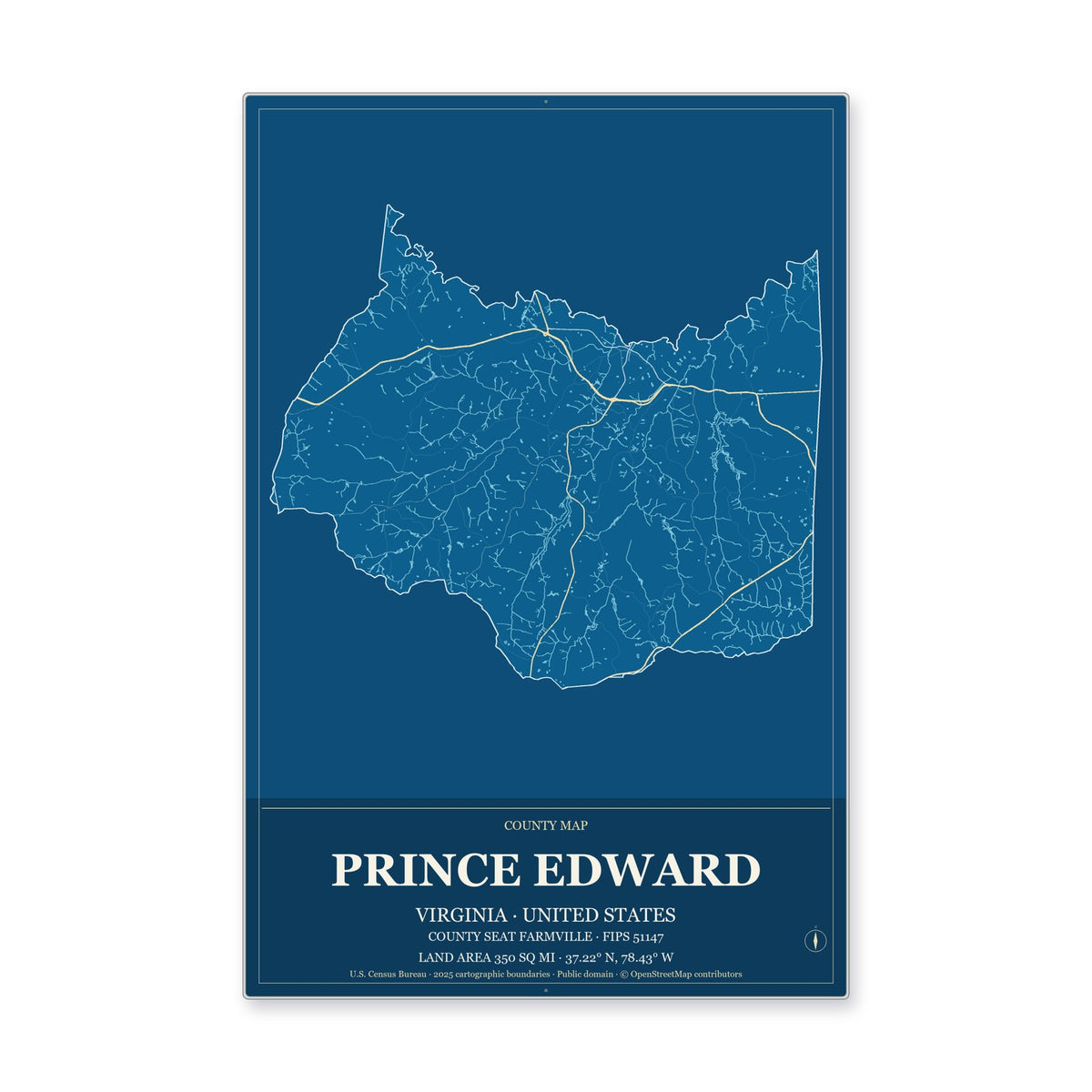 Prince Edward County, Virginia Map Aluminum Sign in Harbor Cobalt style