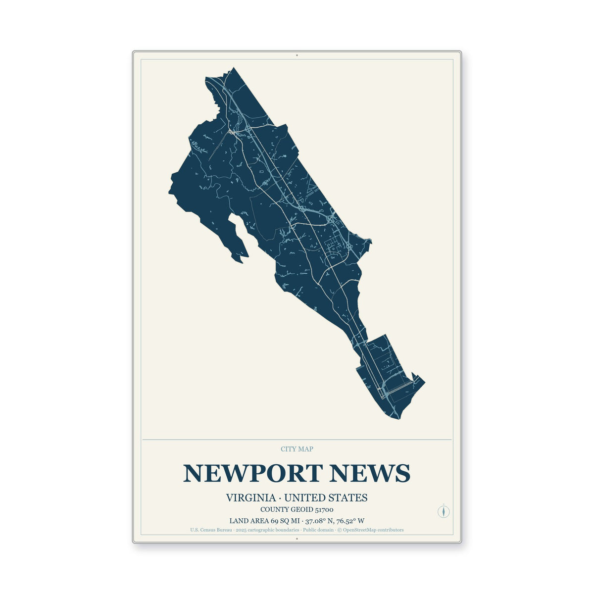 Newport News city, Virginia Map Aluminum Sign in Coastal Cutout style