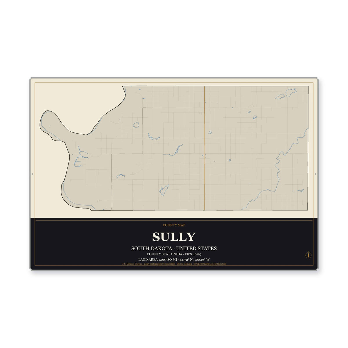 Sully County, South Dakota Map Aluminum Sign in Museum Plaque style