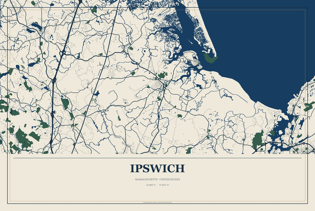 Ipswich, Massachusetts City Map Aluminum Sign in Coastal Cutout style