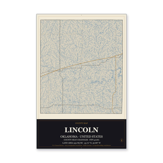 Lincoln County, Oklahoma Map Aluminum Sign in Museum Plaque style