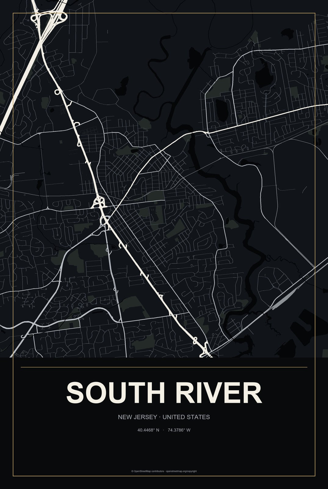South River, New Jersey City Map Aluminum Sign in Metropolitan Noir style