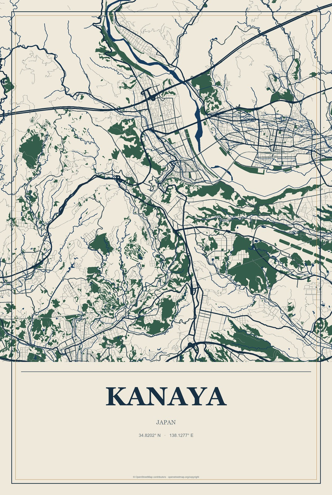 Kanaya, Japan City Map Aluminum Sign in Coastal Cutout style